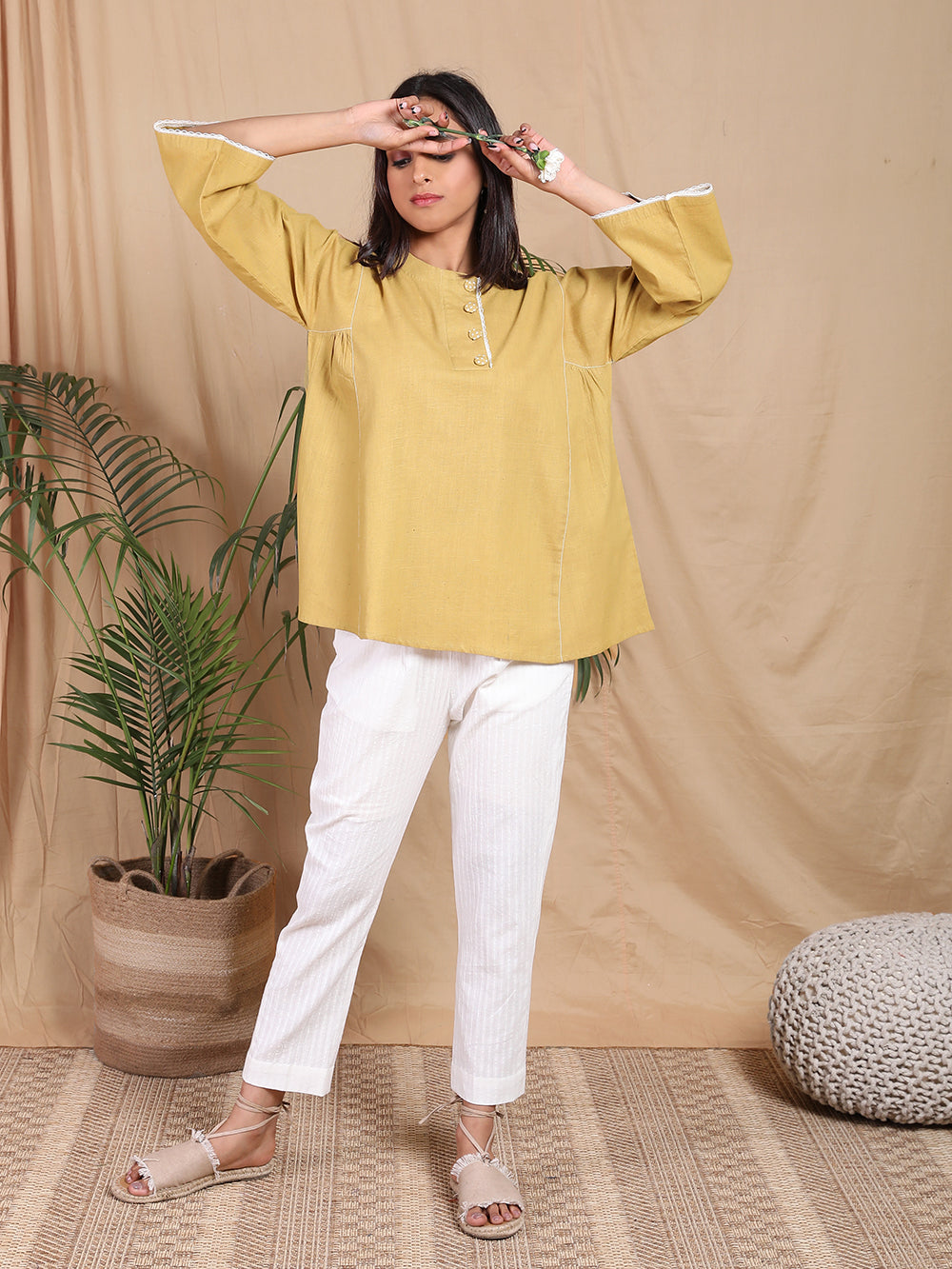 Mustard Hand woven Cotton Kurta