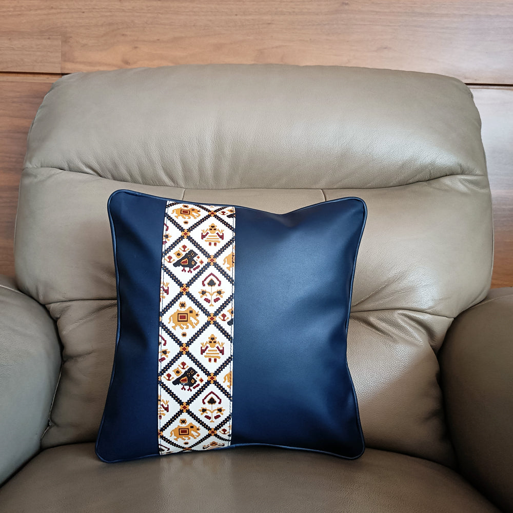 Blue Printed Vegan Leather Cushion Cover