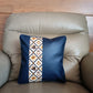 Blue Printed Vegan Leather Cushion Cover