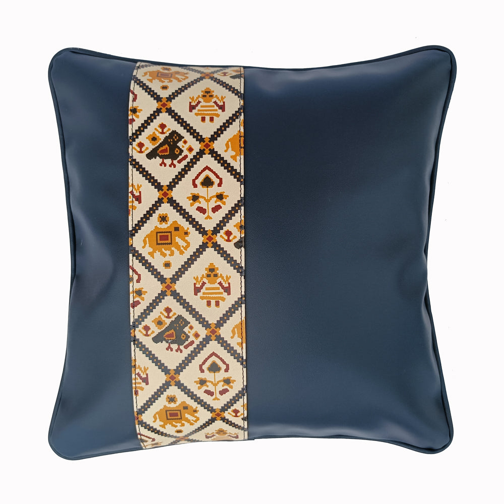 Blue Printed Vegan Leather Cushion Cover