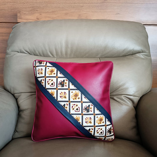Maroon Printed Vegan Leather Cushion Cover