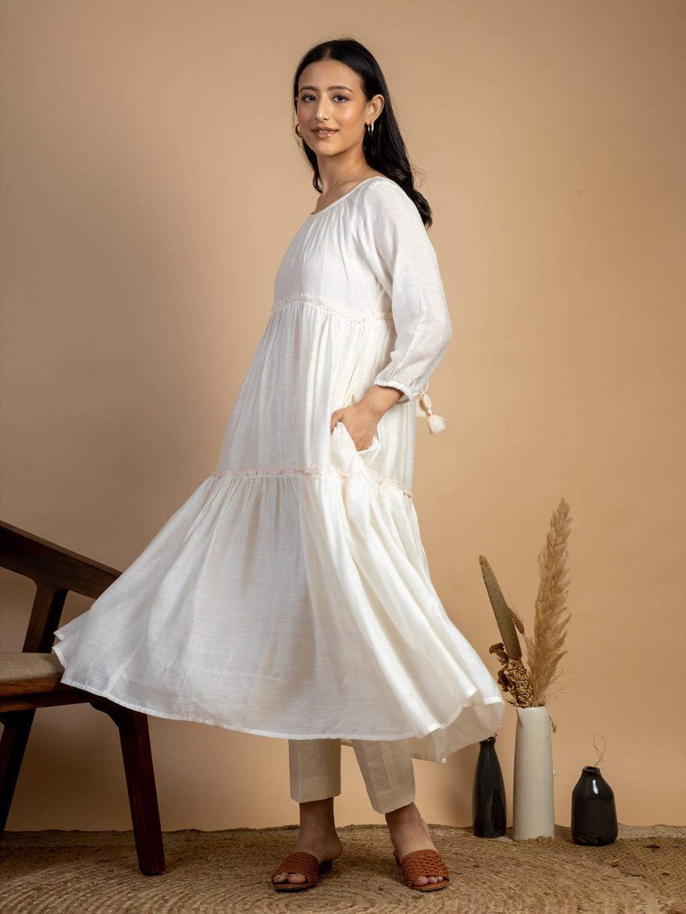 White Maheshwari Silk Dress