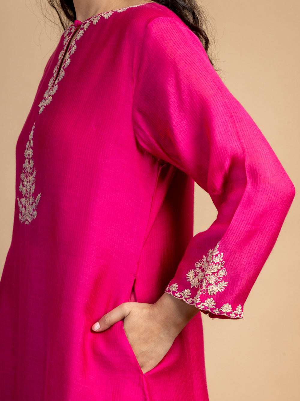 Magenta Embroidered Maheshwari silk Kurta