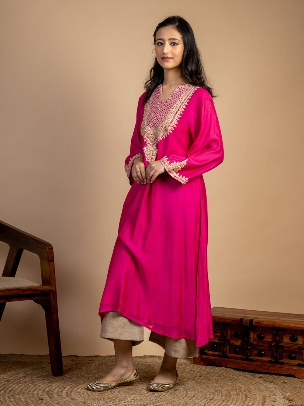 Magenta Embroidered Maheshwari Silk Kurta