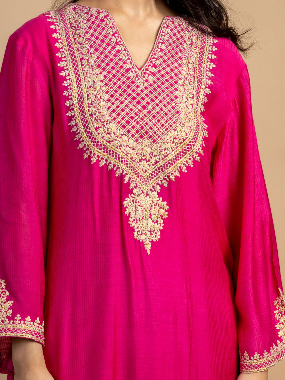 Magenta Embroidered Maheshwari Silk Kurta