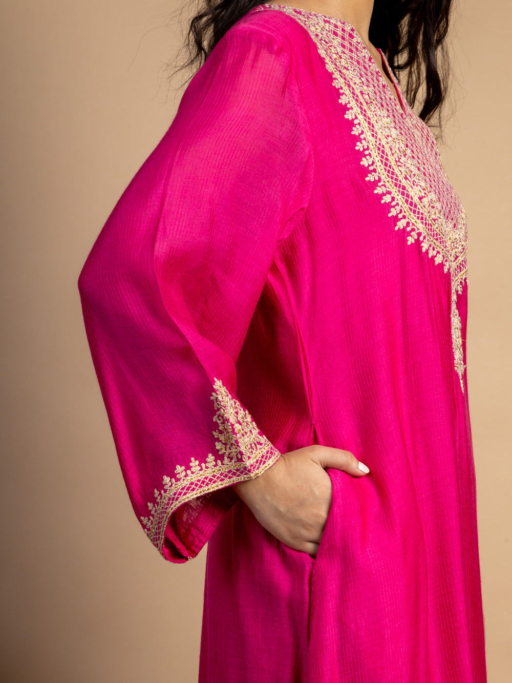 Magenta Embroidered Maheshwari Silk Kurta