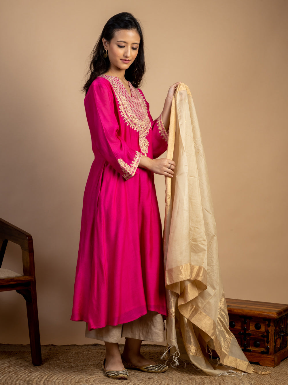 Magenta Embroidered Maheshwari Silk Kurta