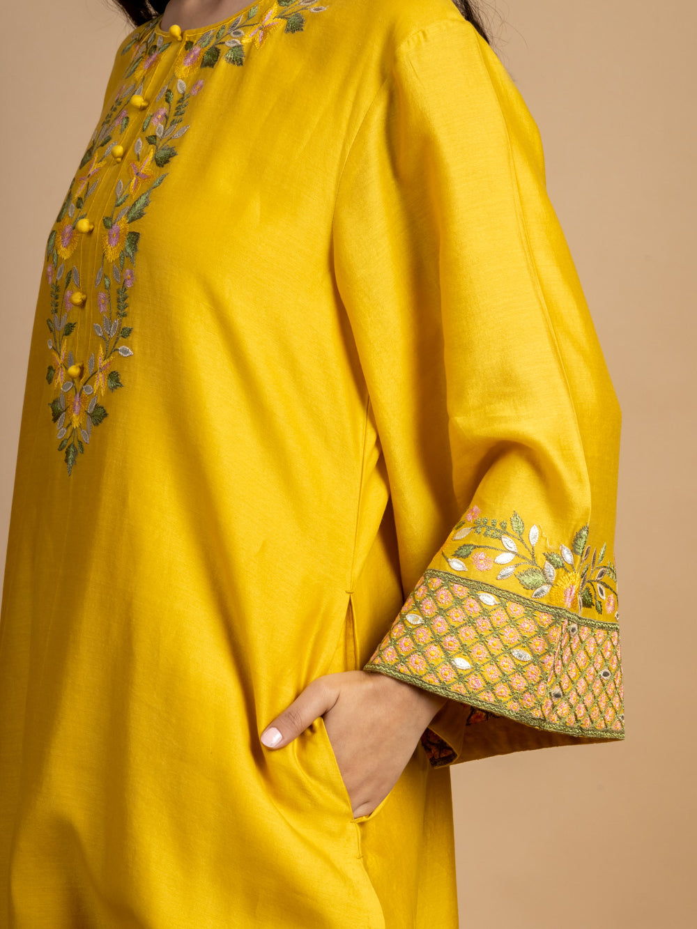 Yellow Embroidered Chanderi Kurta