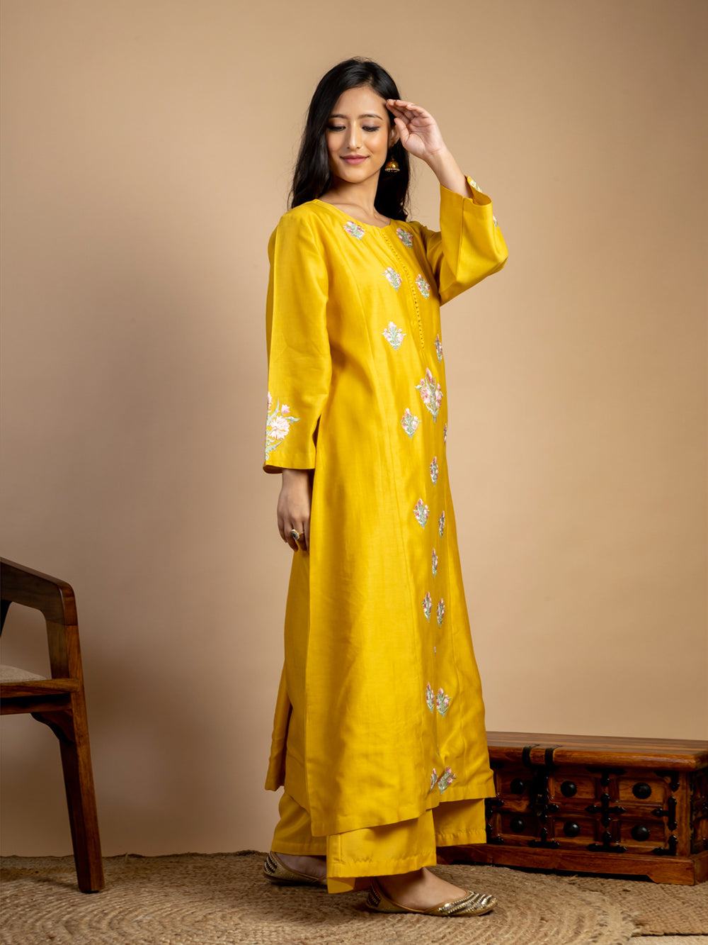 Yellow Embroidered Chanderi Kurta