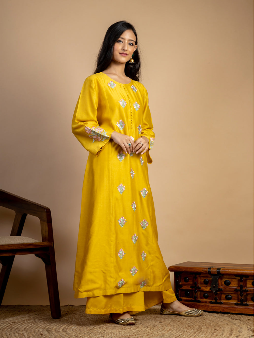 Yellow Embroidered Chanderi Kurta