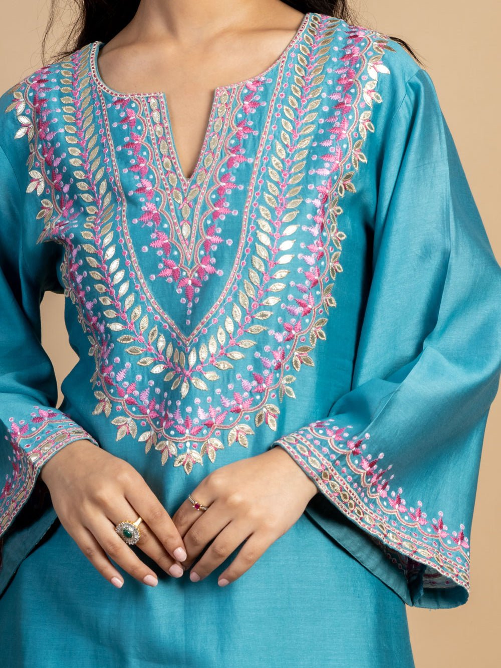 Turquoise Embroidered Chanderi Kurta