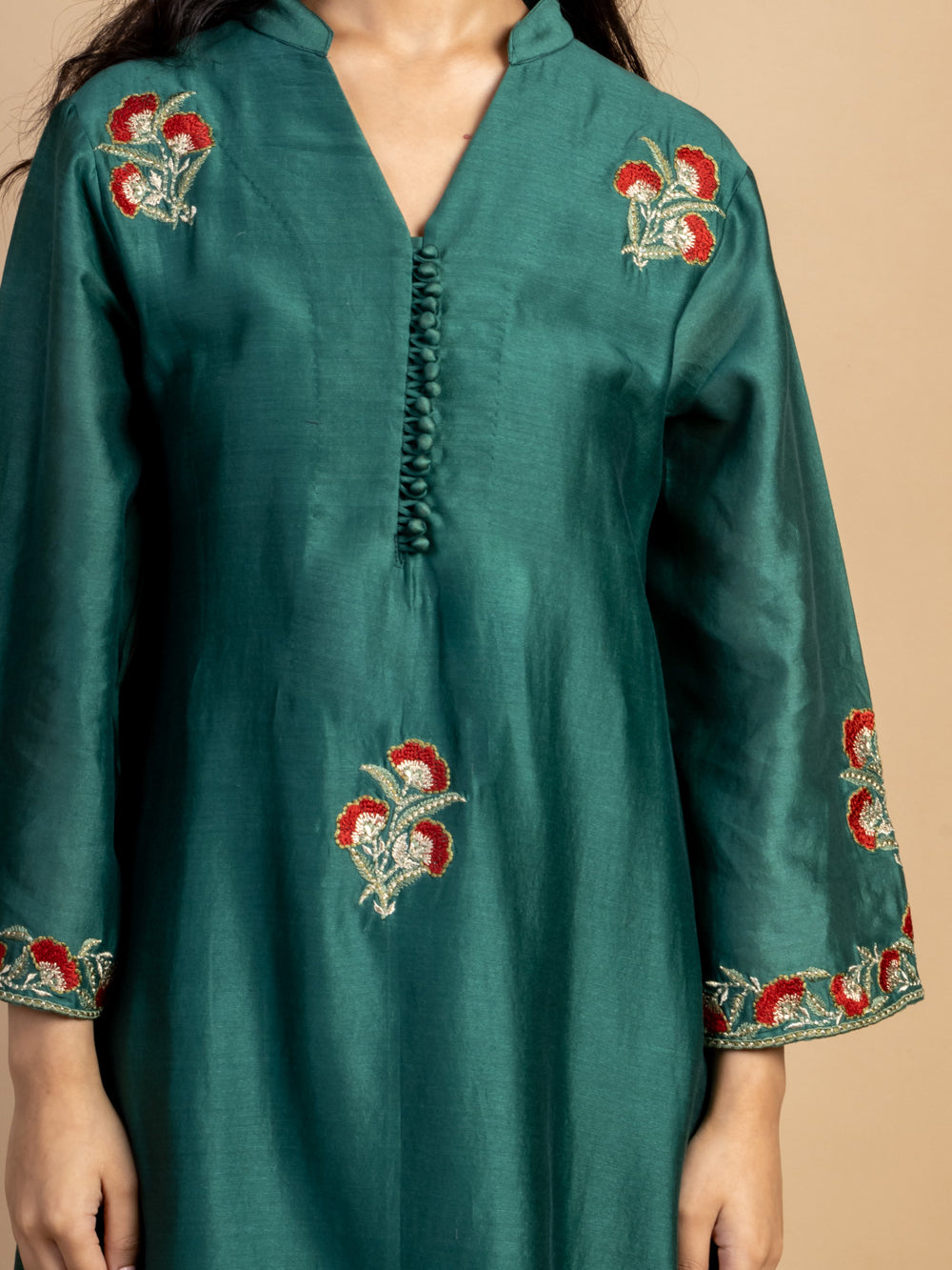 Bottle green Embroidered Chanderi Kurta