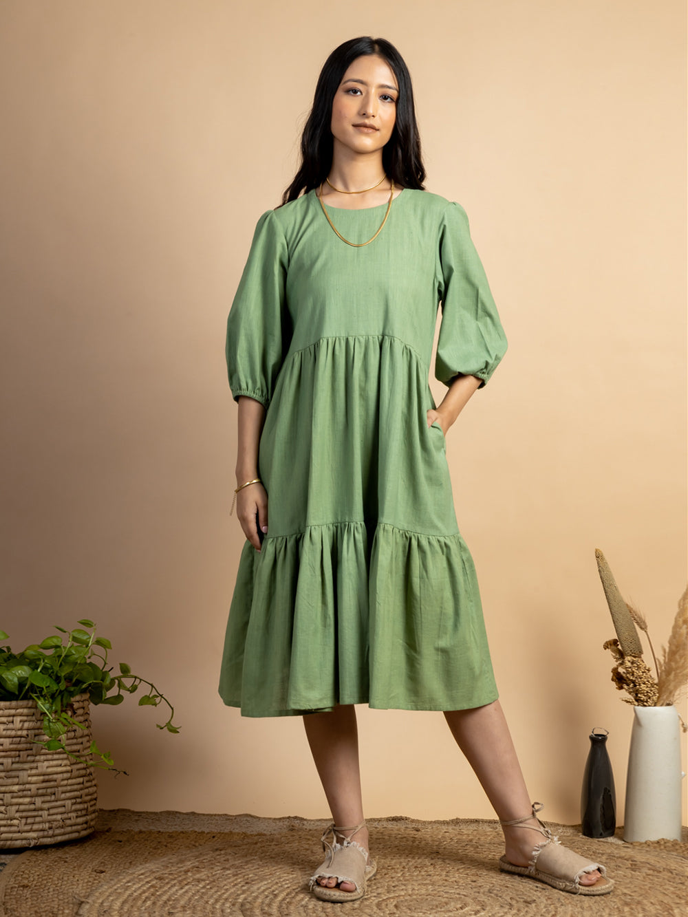 Green handwoven Cotton tiered dress