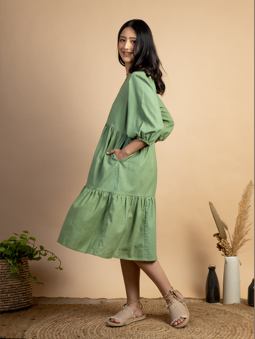 Green handwoven Cotton tiered dress