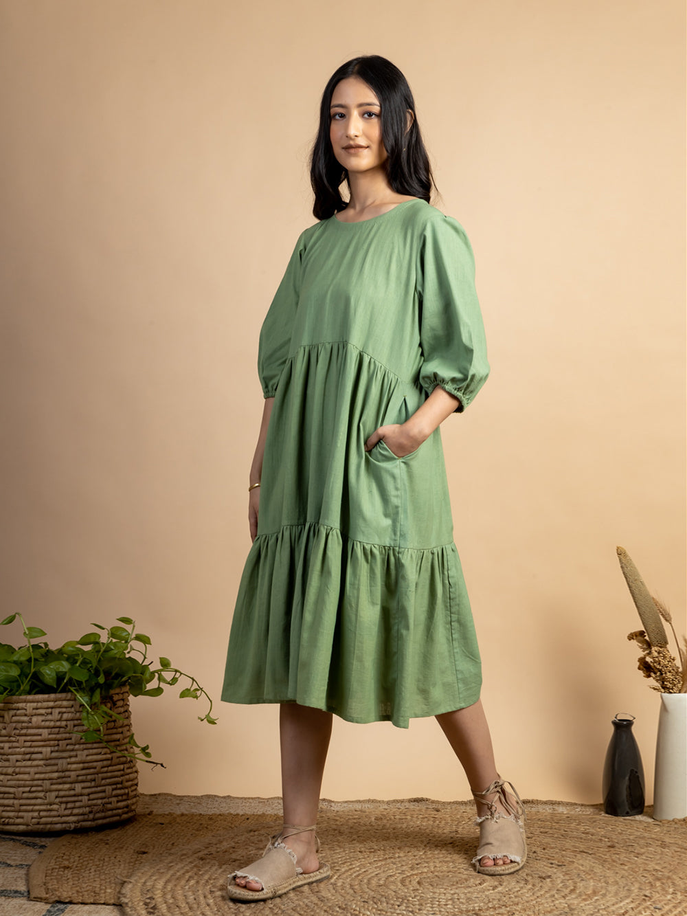 Green handwoven Cotton tiered dress