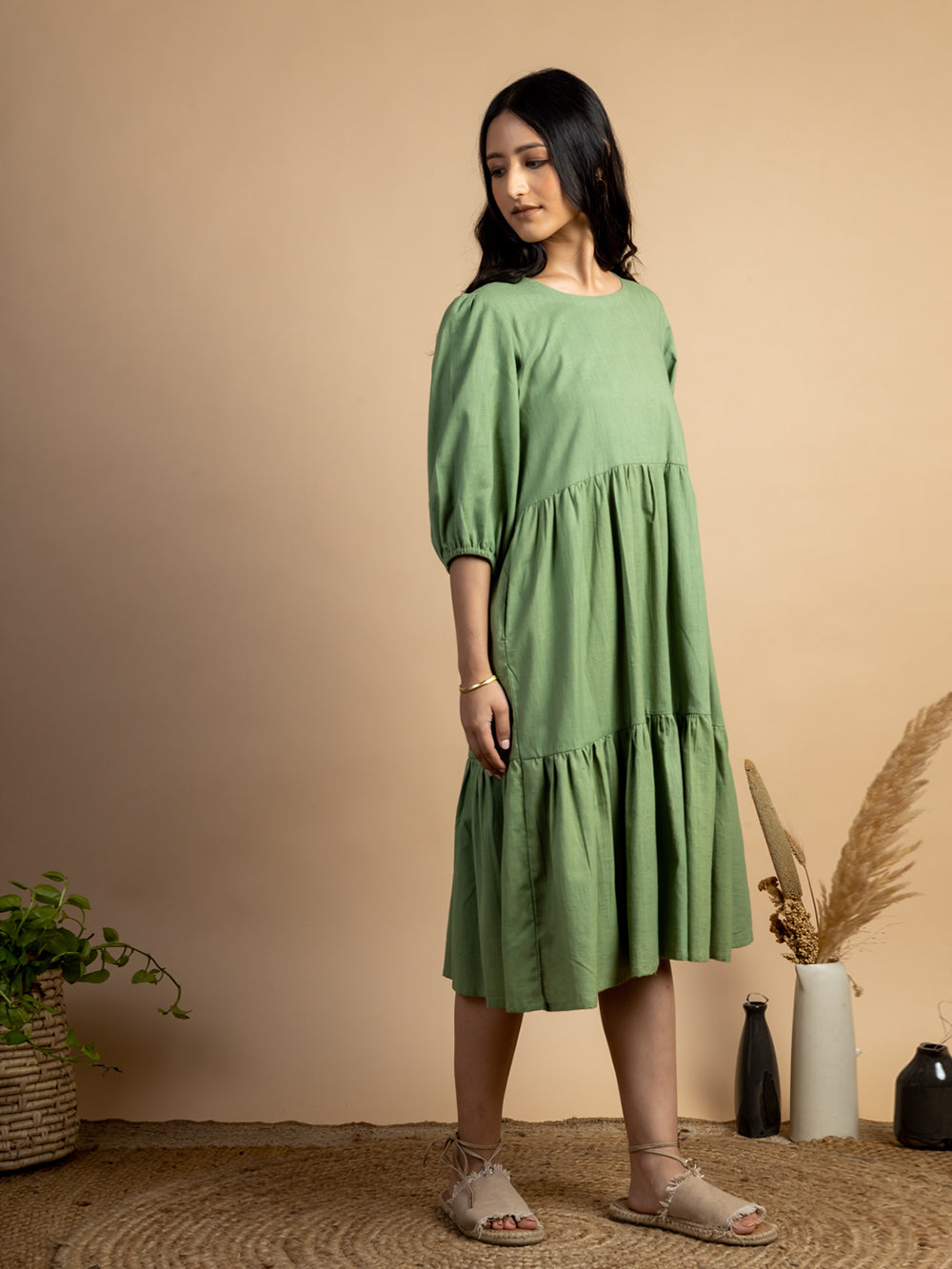 Green handwoven Cotton tiered dress