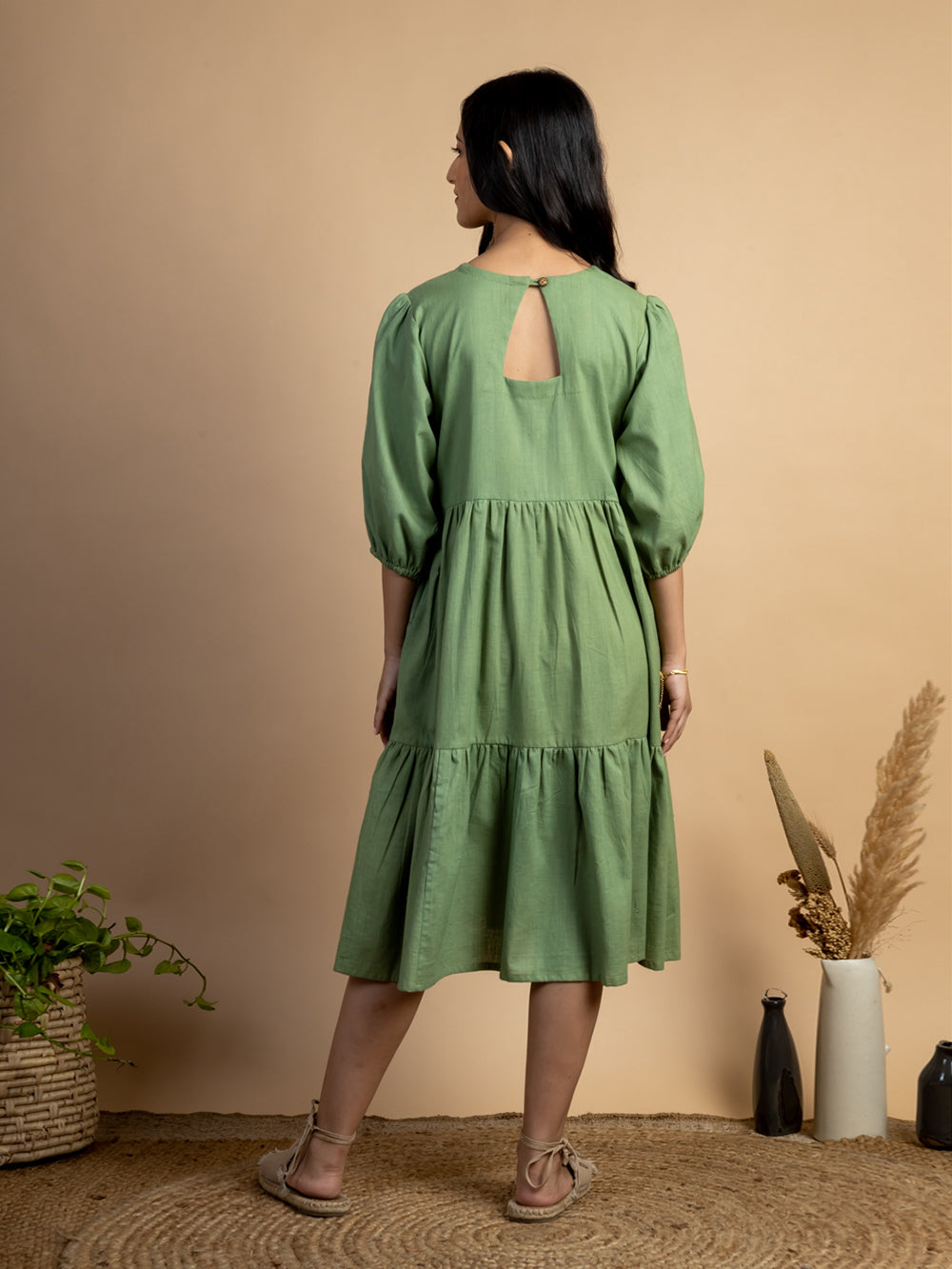 Green handwoven Cotton tiered dress