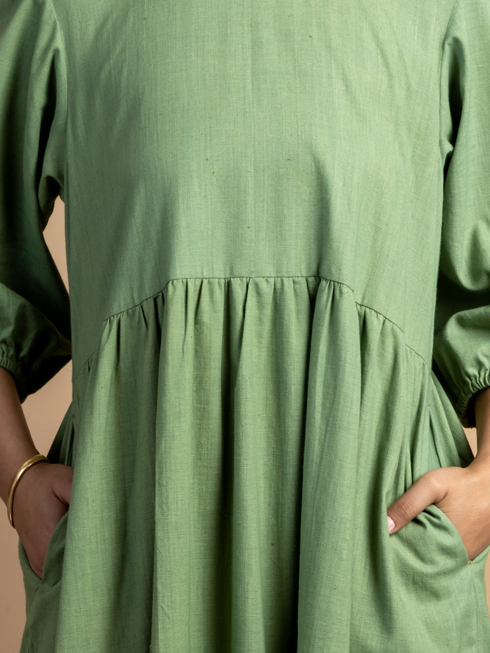 Green handwoven Cotton tiered dress