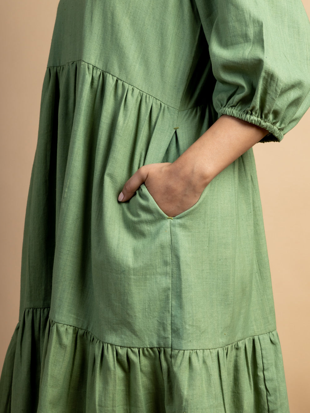 Green handwoven Cotton tiered dress