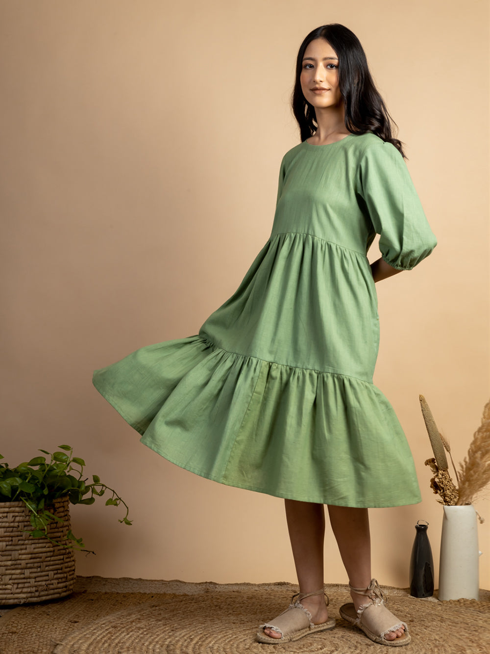 Green handwoven Cotton tiered dress