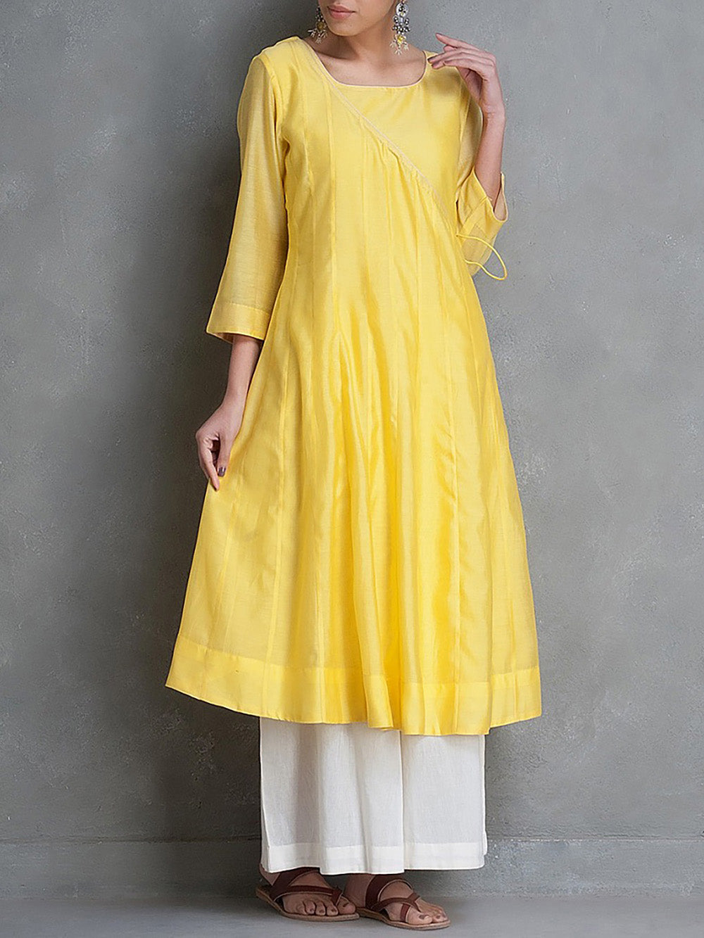 Yellow Chanderi Angrakha Kurta