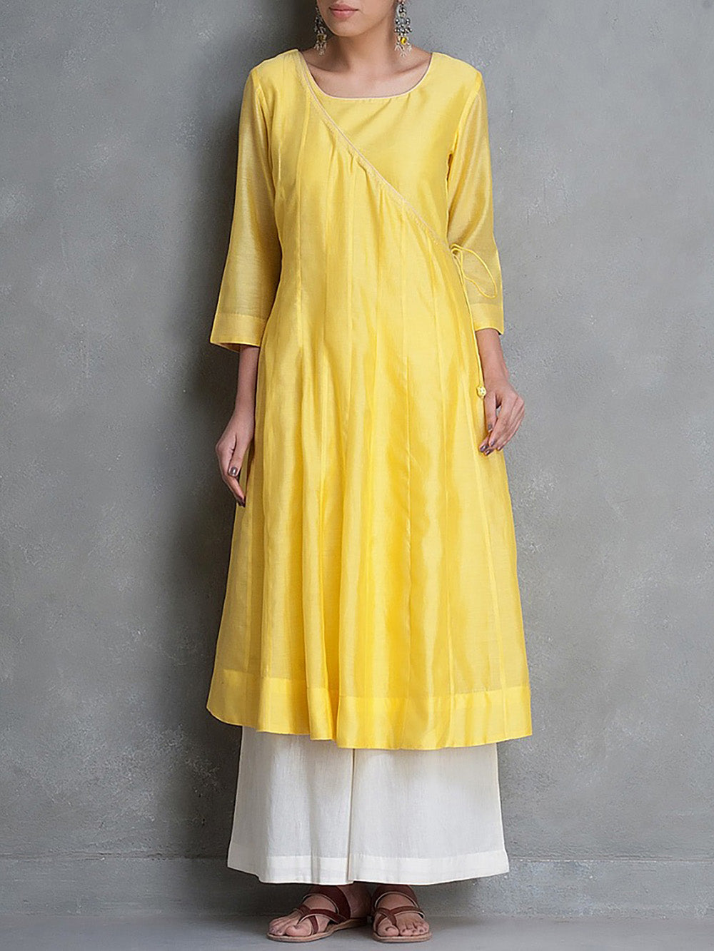 Yellow Chanderi Angrakha Kurta