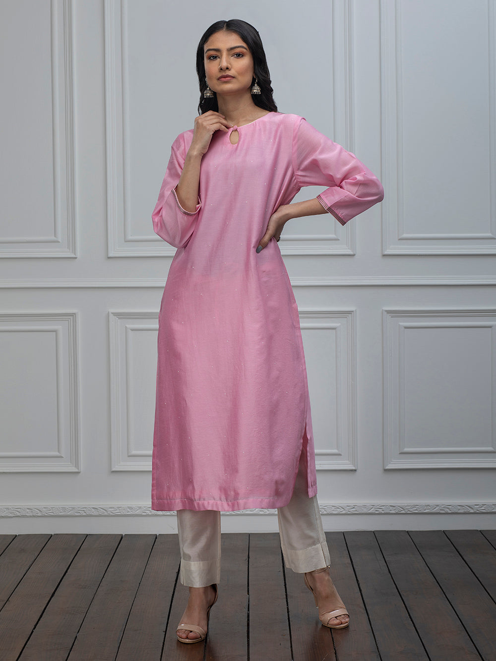 Pink chanderi kurta with pants and dupatta