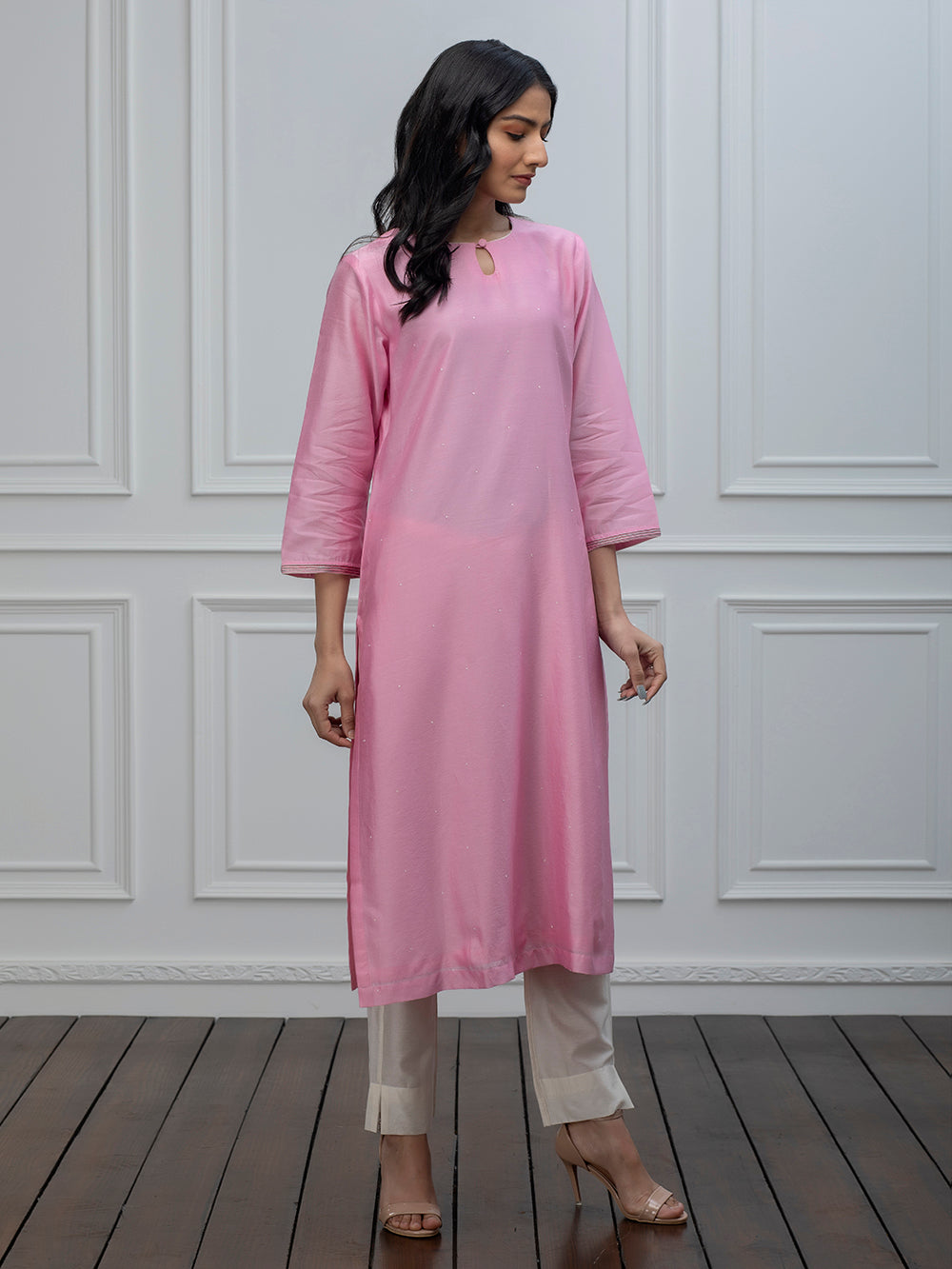 Pink chanderi kurta with pants and dupatta