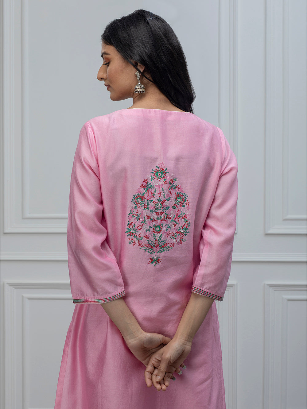 Pink chanderi kurta with pants and dupatta