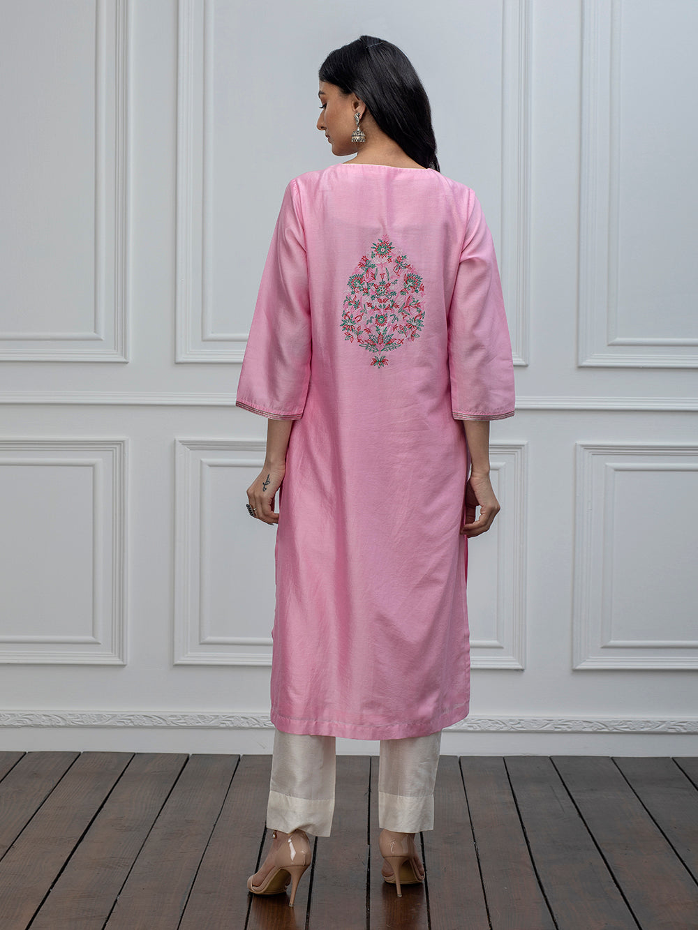 Pink chanderi kurta with pants and dupatta