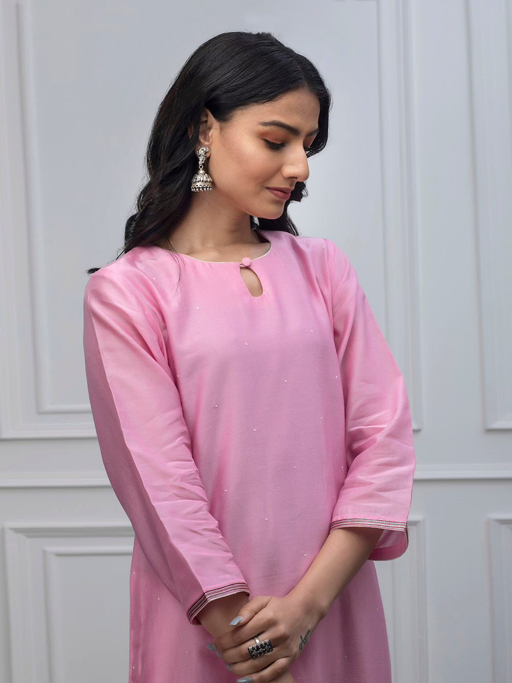 Pink chanderi kurta with pants and dupatta