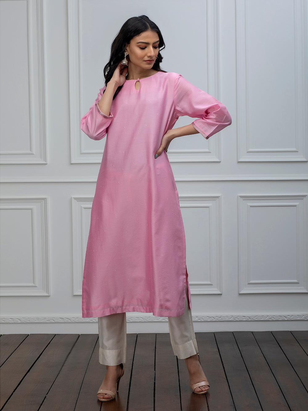 Pink chanderi kurta with pants and dupatta