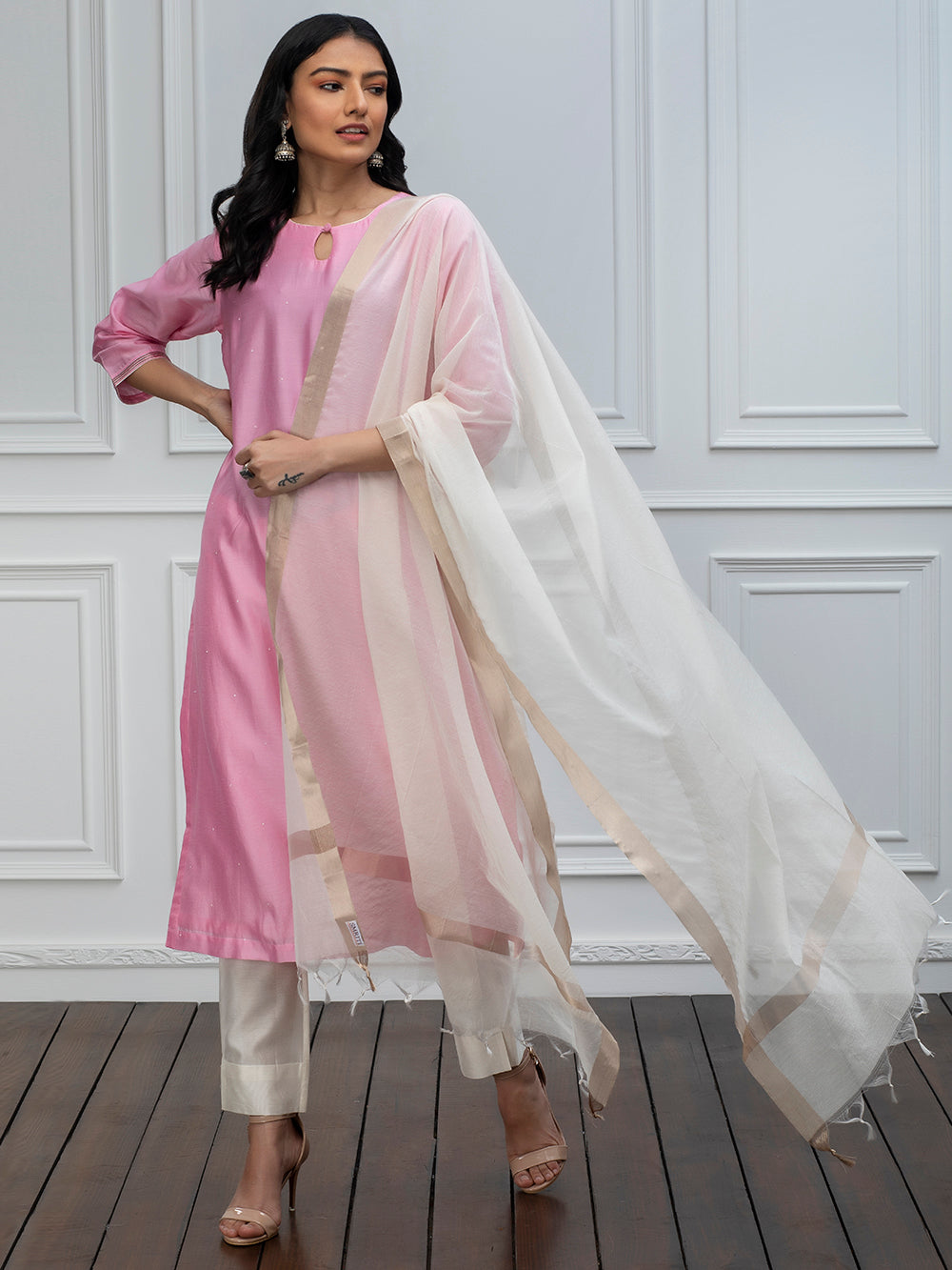 Pink chanderi kurta with pants and dupatta