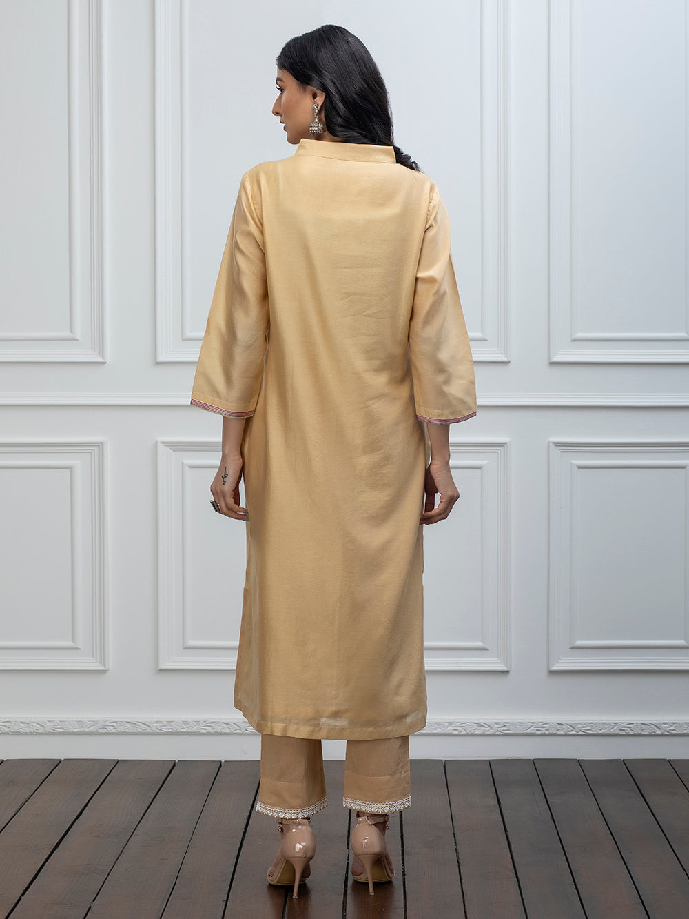 Beige chanderi kurta with pants Set of 2