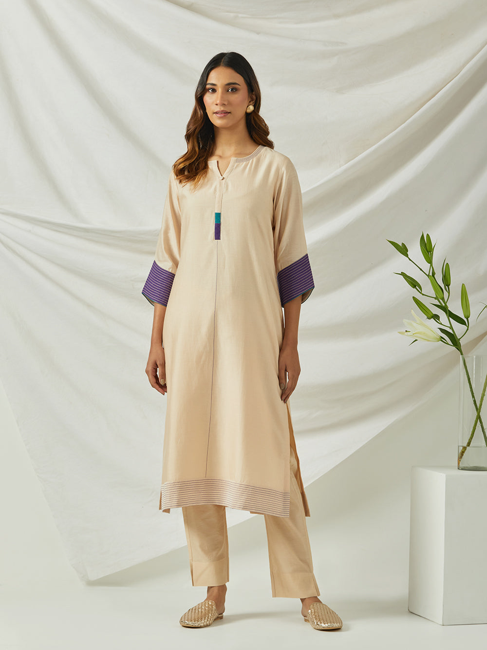 Beige Chanderi Embroidered Kurta with Pants