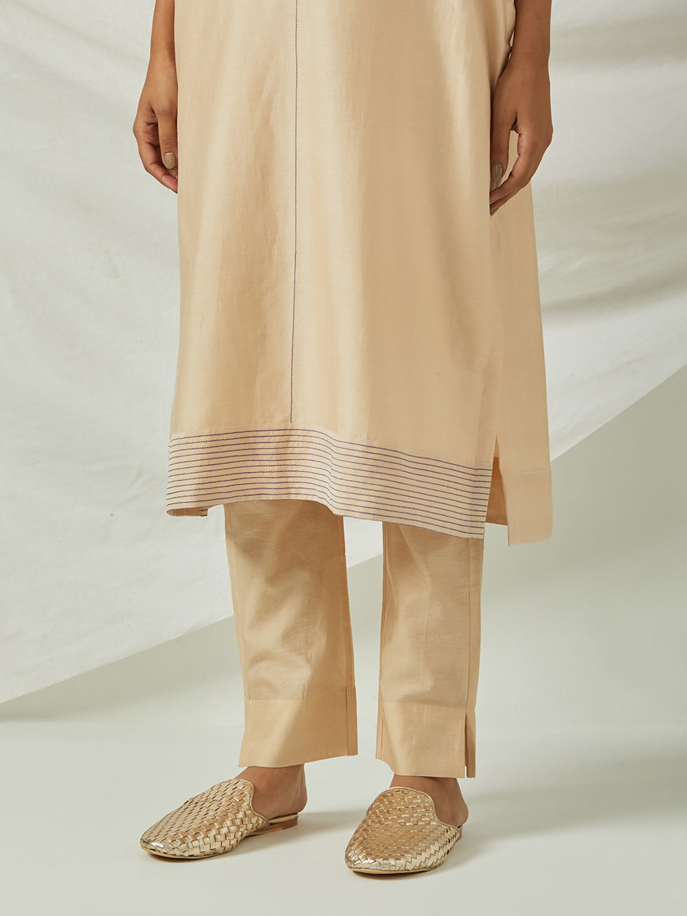 Beige Chanderi Embroidered Kurta with Pants