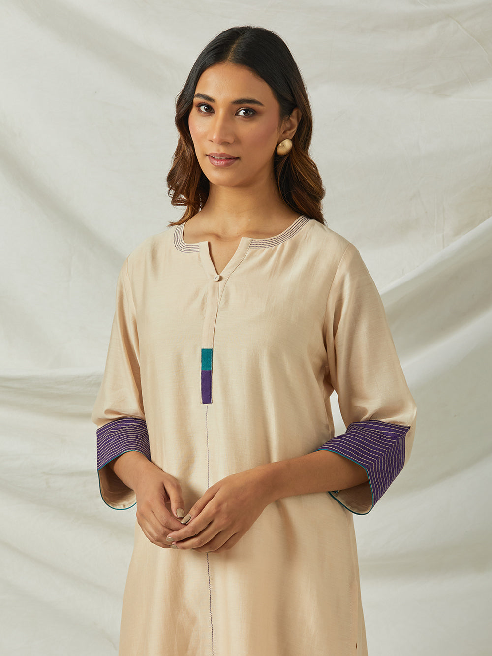 Beige Chanderi Embroidered Kurta with Pants