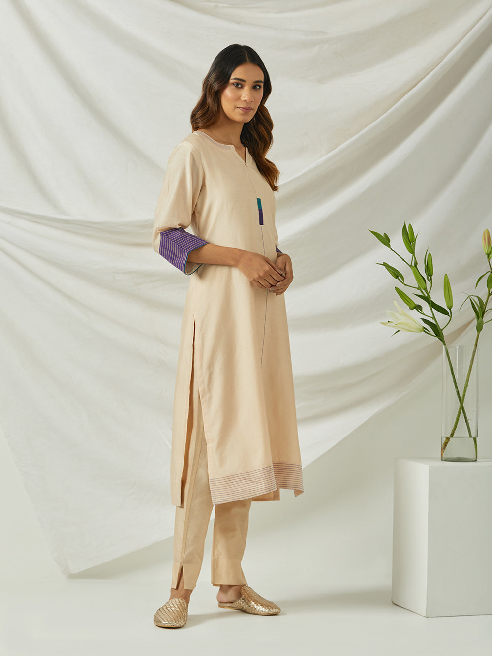 Beige Chanderi Embroidered Kurta with Pants