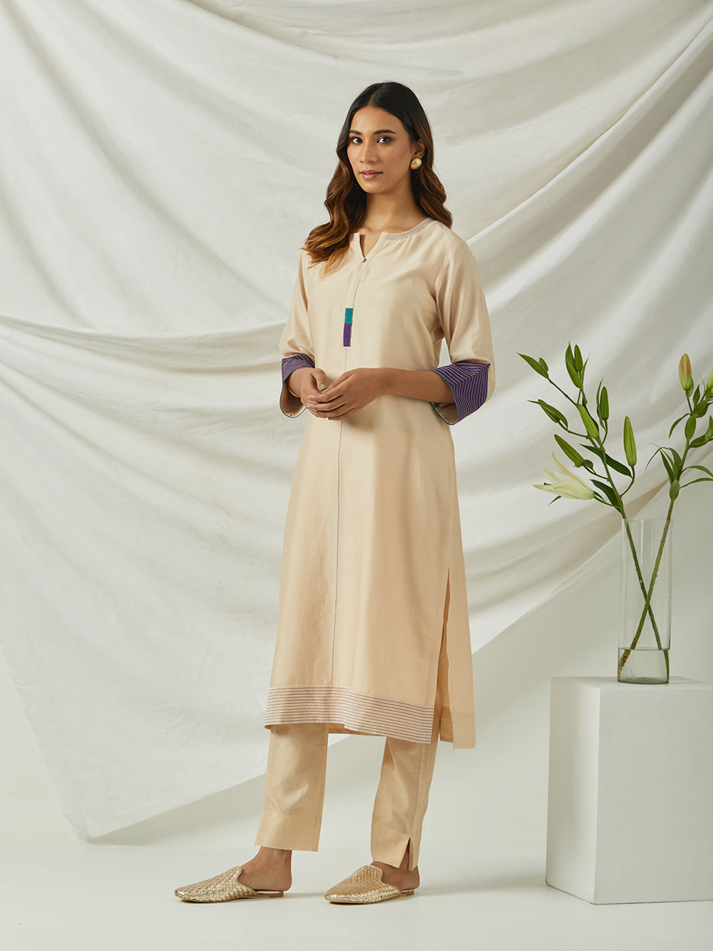 Beige Chanderi Embroidered Kurta with Pants