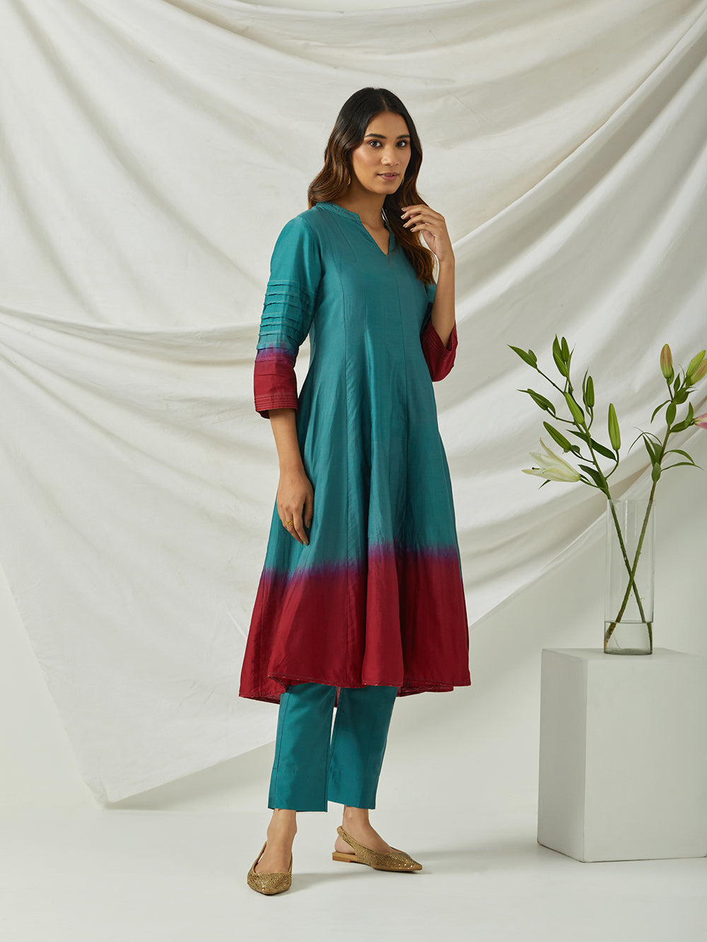 Teal Green Ombre Dye Chanderi Suit - Set of 3