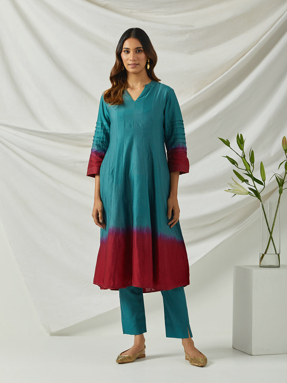 Teal Green Ombre Dye Chanderi Suit - Set of 3