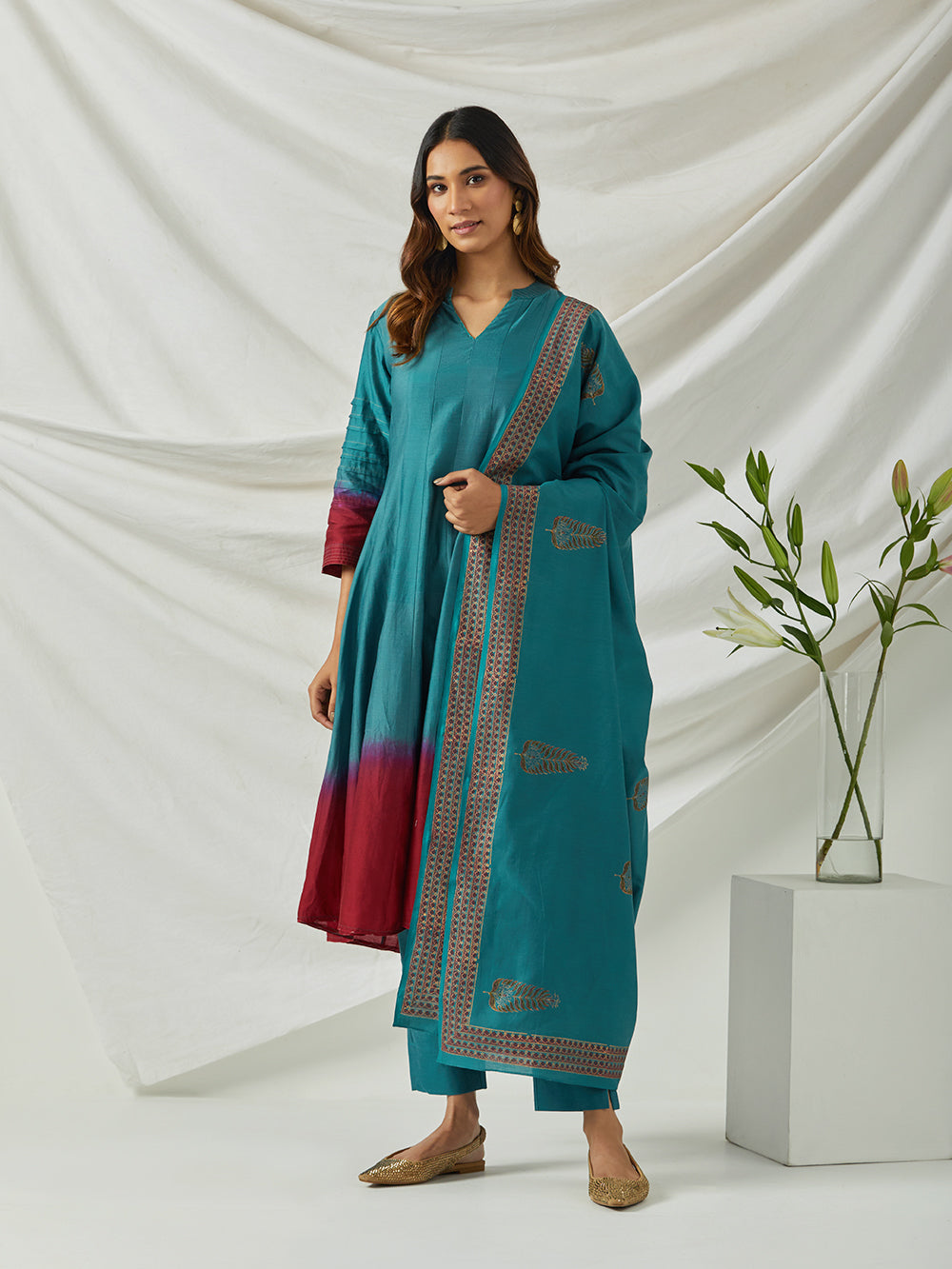 Teal Green Ombre Dye Chanderi Suit - Set of 3