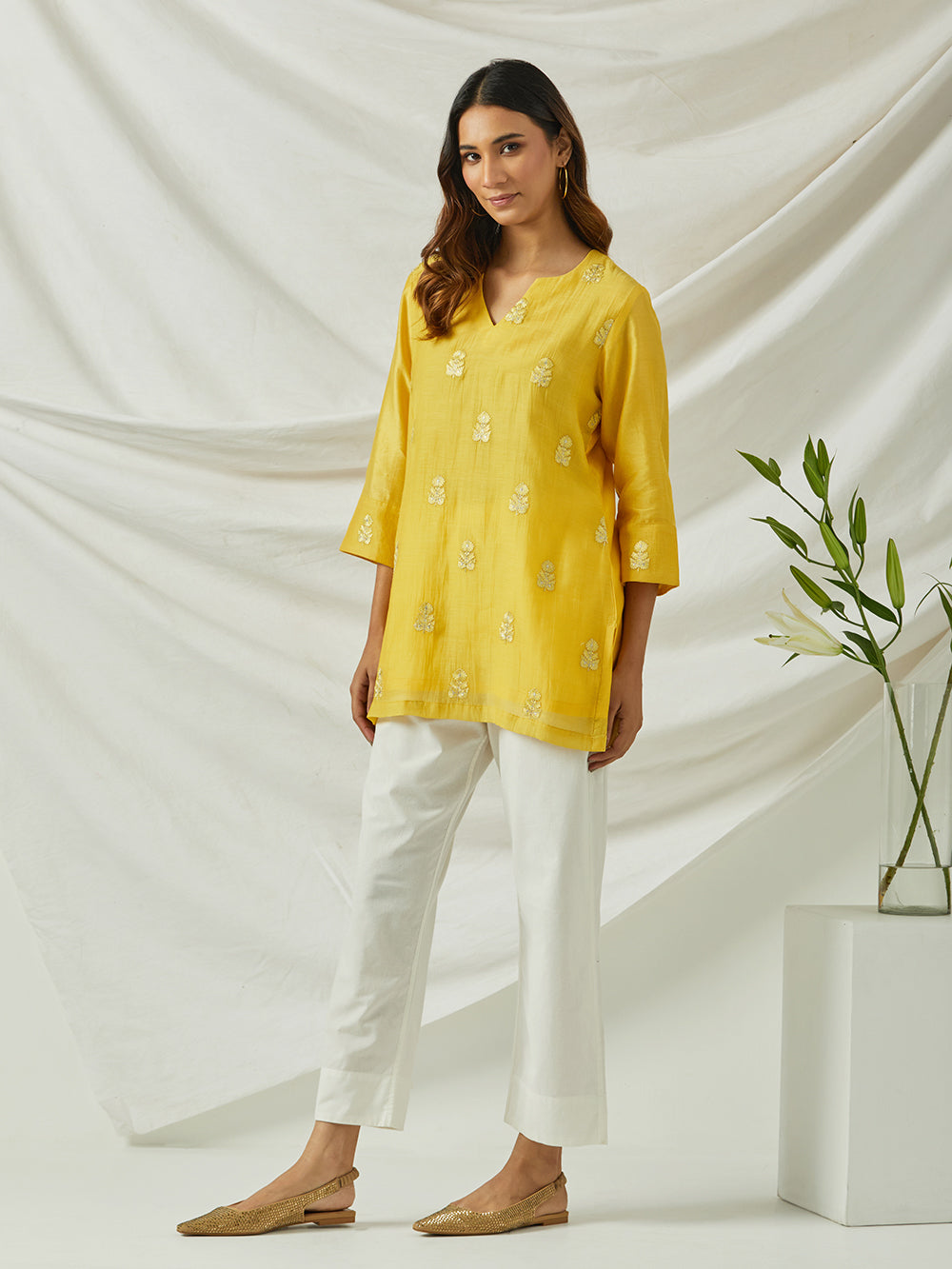 yellow embroidered chanderi tunic