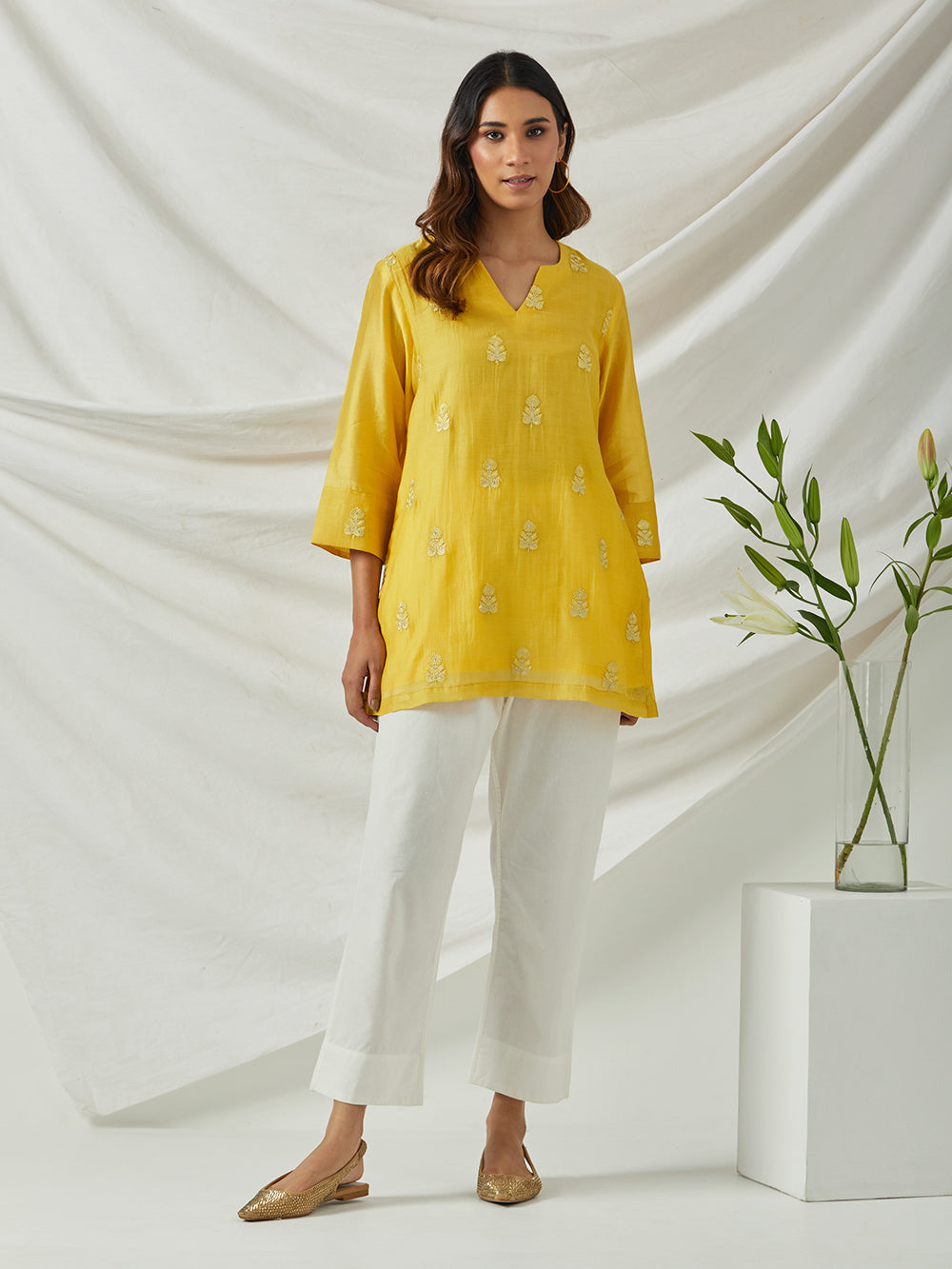 yellow embroidered chanderi tunic