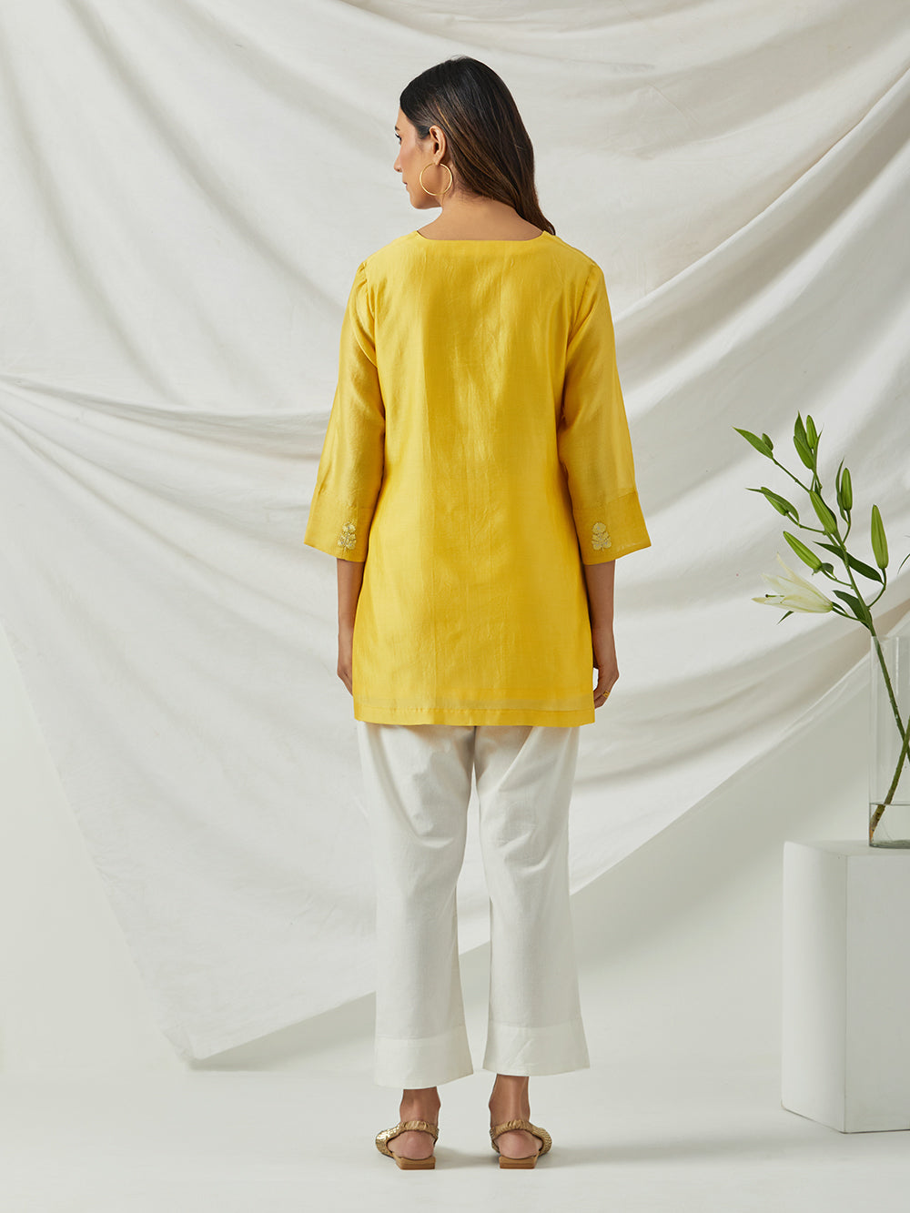 yellow embroidered chanderi tunic