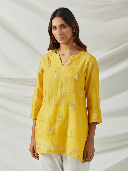 yellow embroidered chanderi tunic