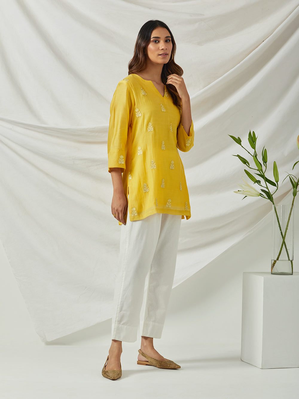 yellow embroidered chanderi tunic