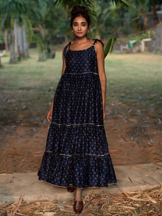 Indigo Block Printed Chanderi Tiered Dress
