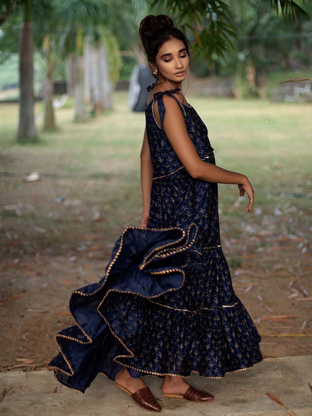 Indigo Block Printed Chanderi Tiered Dress