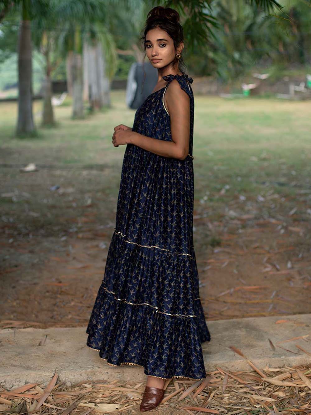 Indigo Block Printed Chanderi Tiered Dress